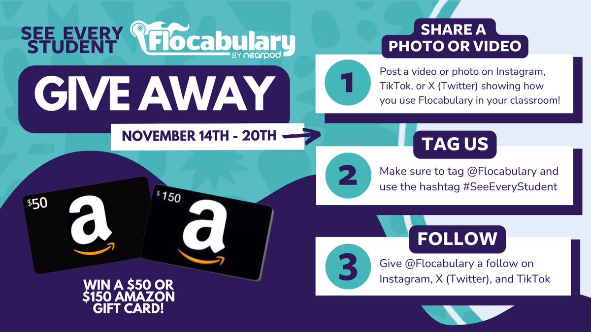 Flocabulary's tweet photo. 🔥 Giveaway Alert 🔥

Educators, show us how you use Flocabulary! 🎤

Starting tomorrow, share a photo or video on Instagram, TikTok, or X showing how you use Flocabulary in your classroom to #SeeEveryStudent!

Just for sharing, we're selecting an educator each day to win a $50 gift card & $150 grand prize at the end of the week. 💜