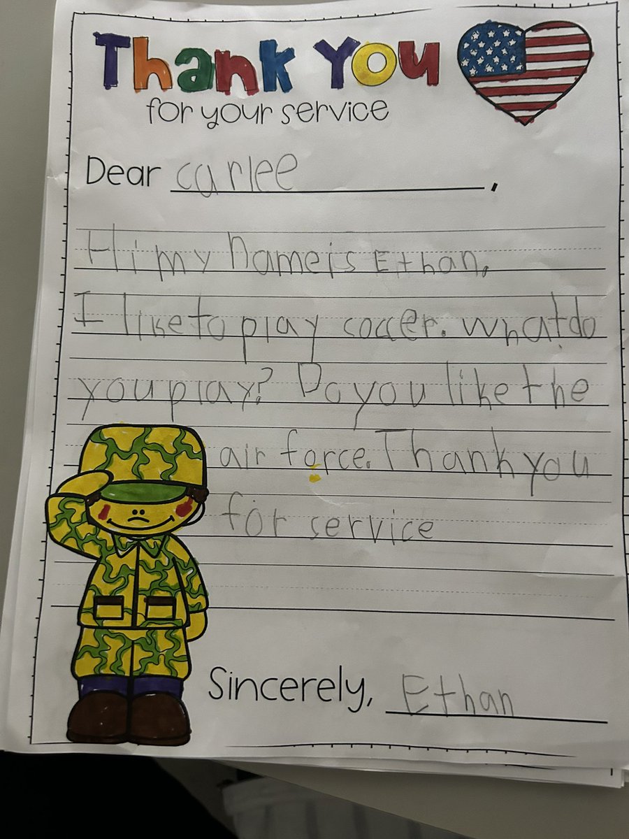 Storytellers153's tweet photo. My 1st  Grade Class at Guffey Elementary wrote letters to 3 former students who graduated from Seckman High school and who are in the Military. We thanked them for their service and sent care packages. #VeteranDay @GuffeyElem @FoxC6Schools https://t.co/gFwVJLW8EQ