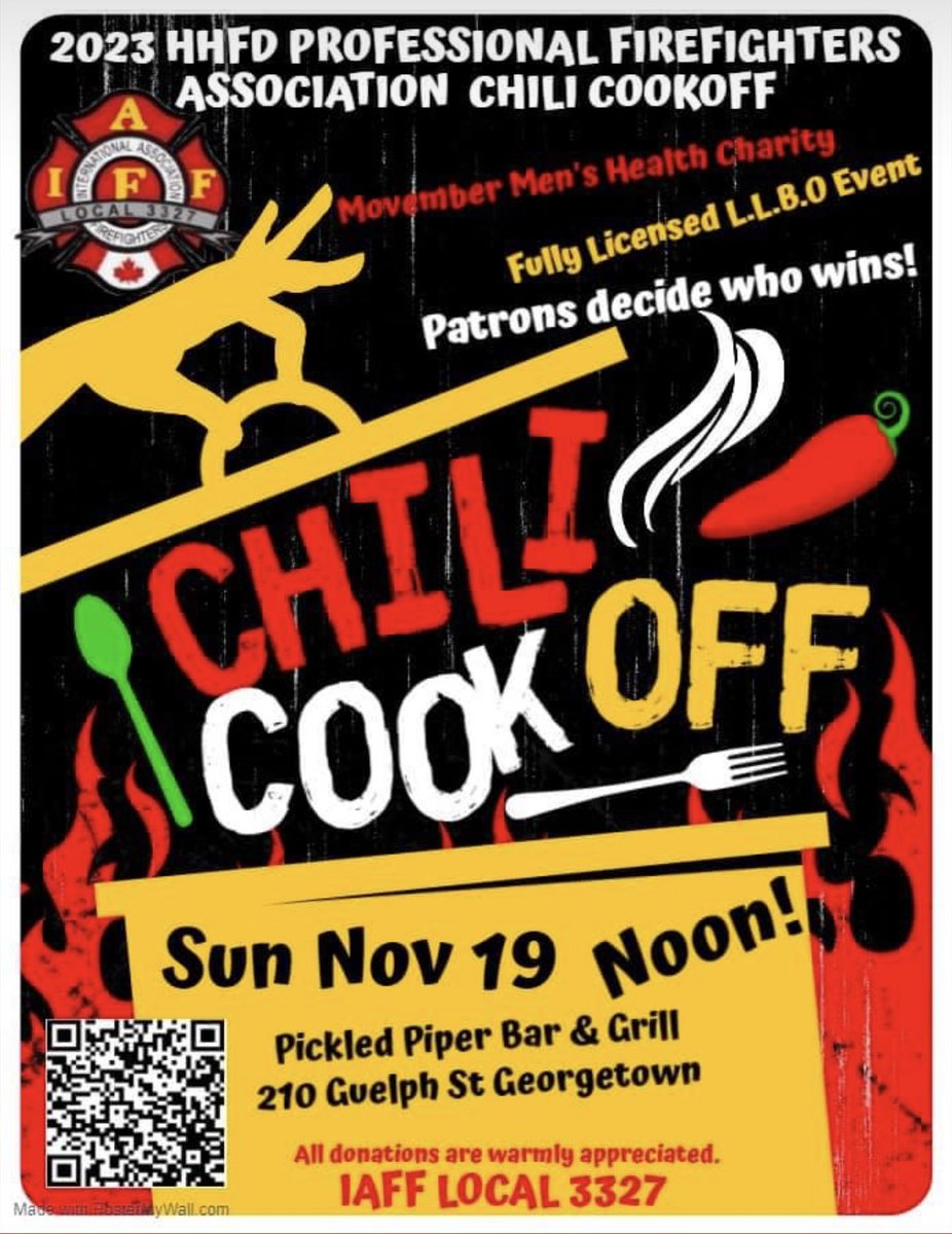 HHPFFA's tweet photo. Join us at the Pickled Piper Bar and Grill this Sunday Nov 19th at Noon for our 2nd annual Chili Cookoff. Proceeds from the Cookoff will be donated towards HHPFFA’s Movember Campaign. https://t.co/HX6YS8XJyp