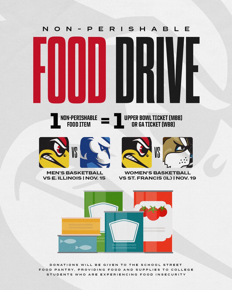 1 item🥫 = 1 ticket🎟️

Illinois State Athletics is collecting non-perishables outside of the north entrance of CEFCU Arena on Nov. 15 at <a href="/Redbird_MBB/">Illinois State Men's Basketball</a>'s game vs. EIU and on Nov. 19 at <a href="/RedbirdWBB/">Illinois State Women’s Basketball</a>'s game vs. St. Francis (IL). 

Specific items in need include: rice, peanut butter,