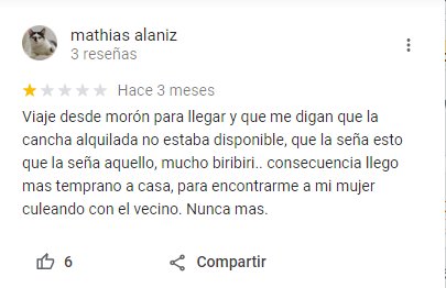 bjs_alejo2's tweet photo. Estaba googleando canchas de futbol para alquilar y me encontré la mejor reseña de la historia jhashjahjsas https://t.co/vADnAce1F1