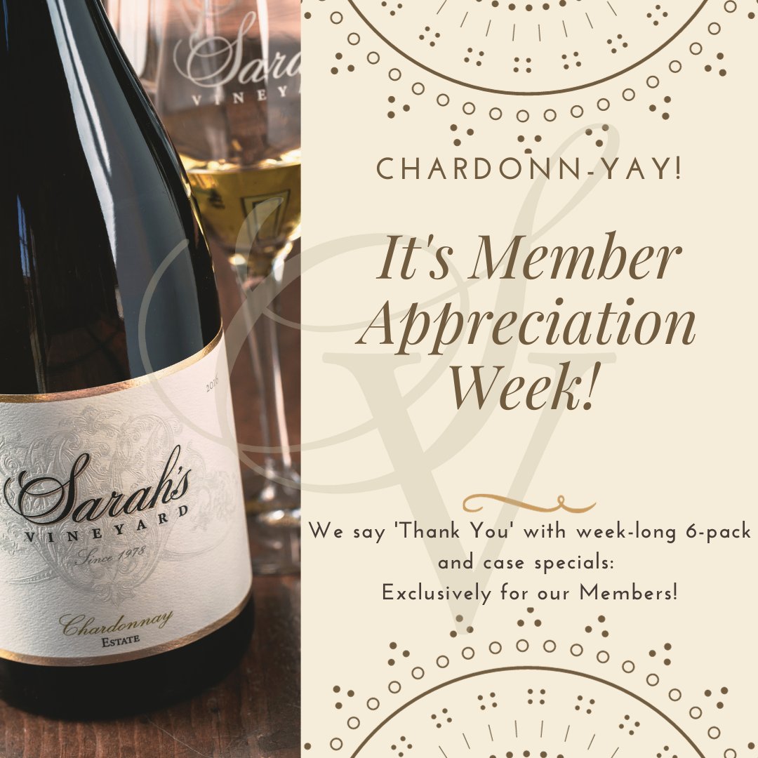 We are thankful for our Sarah's Vineyard members!

To show our appreciation, we are offering 6-pack and case specials for our members. Check your email for additional information.