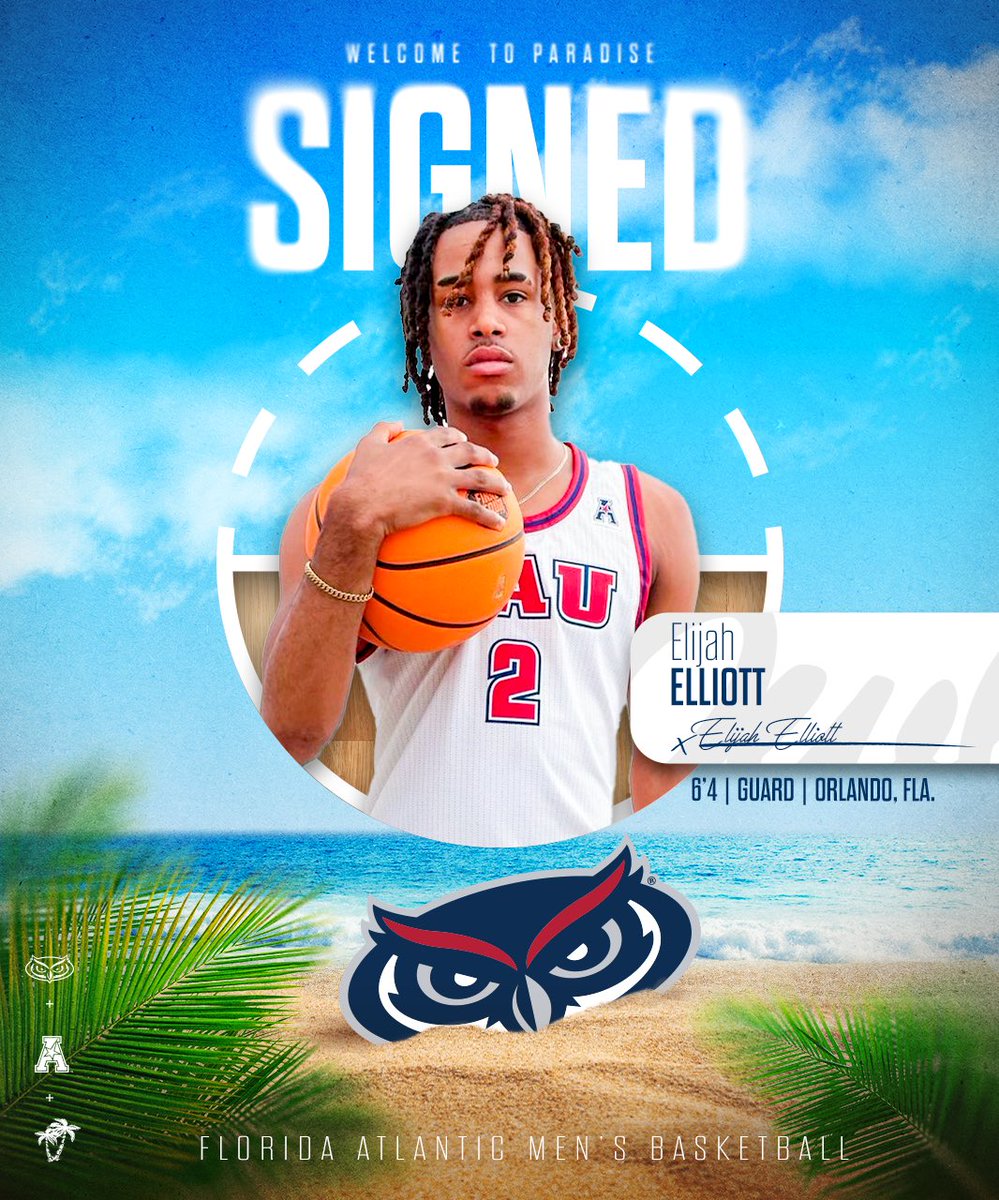 Florida Atlantic Men's Basketball (@faumbb) on Twitter photo Welcome to Paradise! 🏝️
✍️ : <a href="/e5iivee/">Elijah Elliott</a>
📍 : Orlando, Fla.
📚 : Sunrise Christian Academy
#WinningInParadise Welcome to Paradise! 🏝️
✍️ : <a href="/e5iivee/">Elijah Elliott</a>
📍 : Orlando, Fla.
📚 : Sunrise Christian Academy
#WinningInParadise