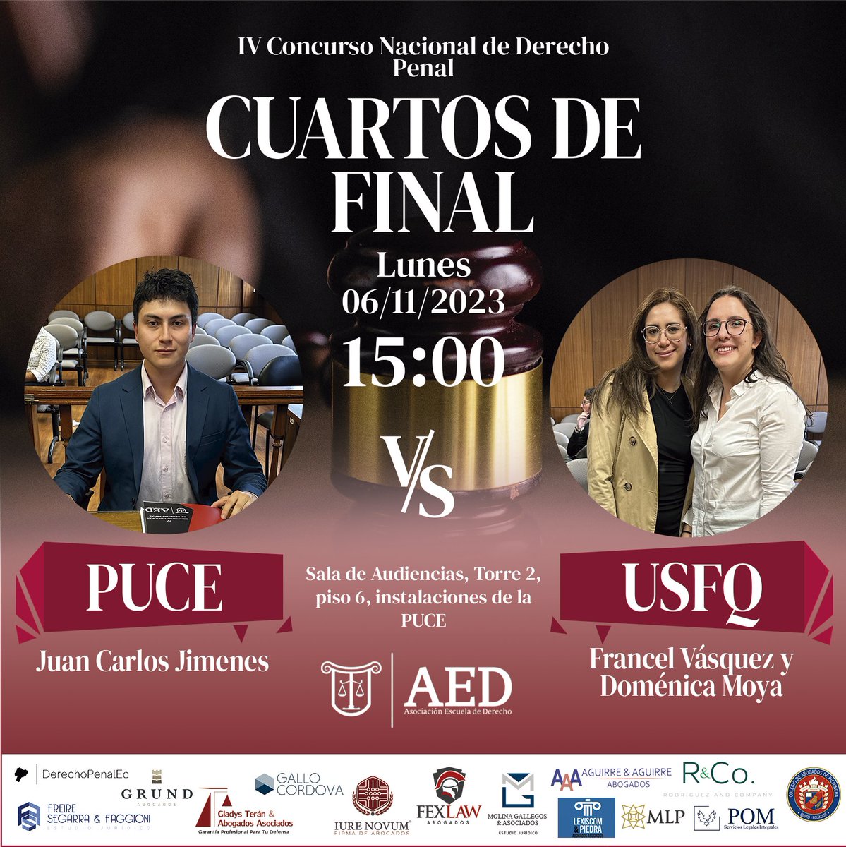 AEDPUCE's tweet photo. IV Concurso Nacional de Derecho Penal
Hemos finalizado las audiencias de Cuartos de Final

🔹Juan Carlos Jimenes en su rol de Fiscalía General del Estado por la @PUCE_Ecuador 

🐉Francel Vásquez y Doménica Moya en su rol de Defensa por la @USFQ_Ecuador 

#DerechoEnAcción #AED2023 https://t.co/7iGrcT0IAy