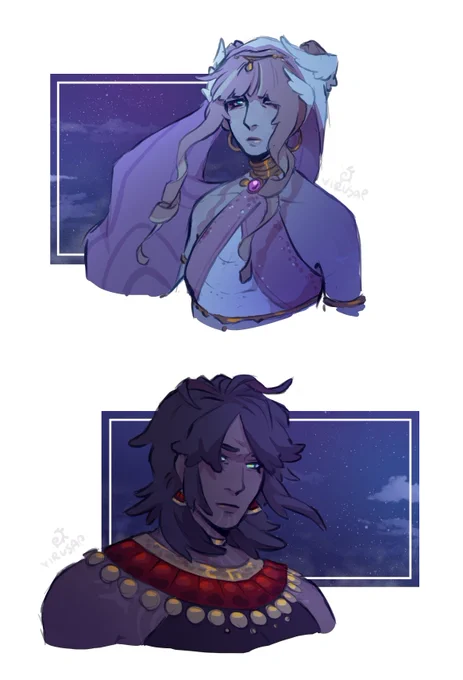 "Wiping clean the tears of his companion beneath the moon's gaze, he spoke then of his own desires to the Goddess of Flowers..."  It's been a while since i last drew Deshret and Nabu...so I made angst-  #GenshinImpact #genshinimpactfanart