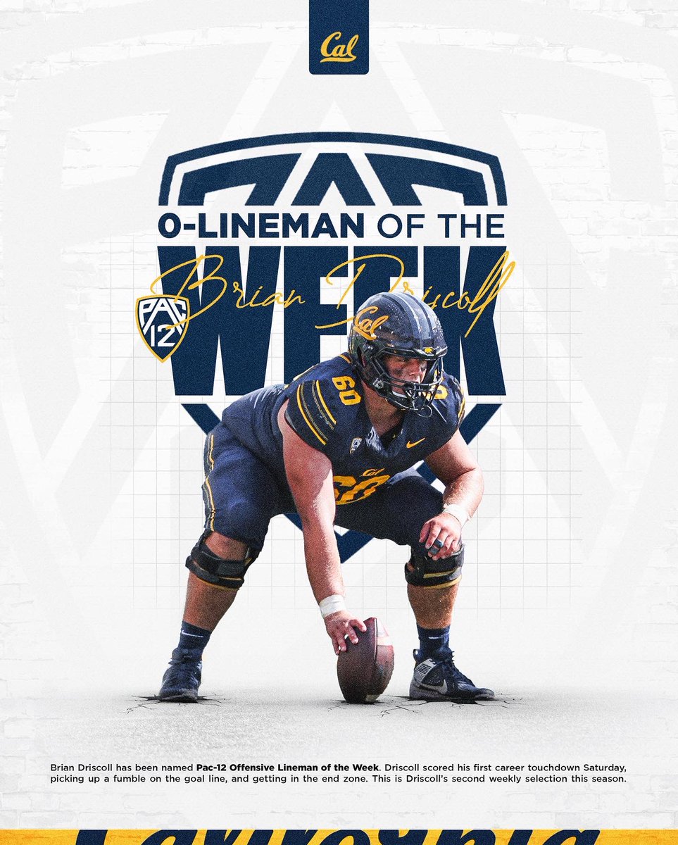 Anotha one ☝️ 

Congratulations @BRDriscoll78 on being named <a href="/pac12/">Pac-12 Conference</a> Offensive Lineman of the Week! 🥇

#GoBears
