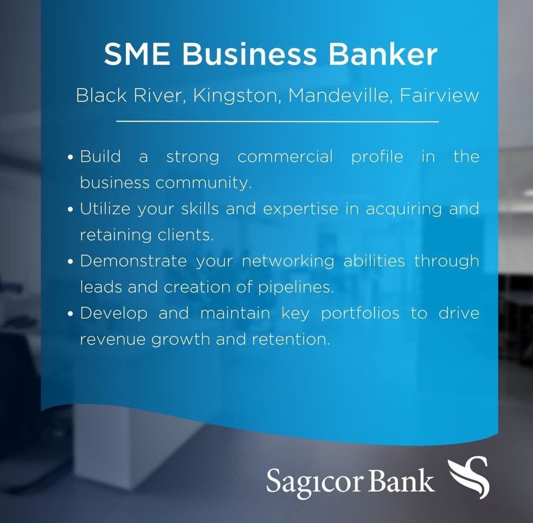 CareerJamaica's tweet image. @sagicorja is hiring! Apply Online at bit.ly/CJSAGICORJOBS
Wealth Advisor – Dominica Drive
Relationship Manager - Corporate Banking
SME Business Bankers:
– #Kingston 
– #MayPen 
– #Fairview
– #BlackRiver

#SagicorJamaicaJobs
#CareerJamaica