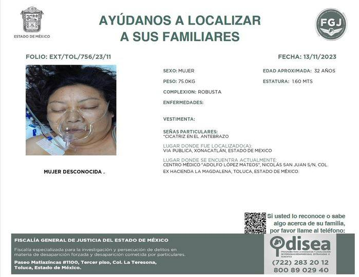 SE BUSCA A SUS FAMILIARES
Mujer en calidad de desconocida fue localizada en la vía pública de el Municipio de #Xonacatlán se encuentra actualmente en el Centro Médico "Adolfo López Portillo" en #Toluca #Edomex <a href="/PabloReinah/">Pablo Reinah 🕊️</a> <a href="/ehiramhurtado/">Hiram Hurtado</a> <a href="/juanbaaq/">Juan Becerra Acosta</a> <a href="/Vicente_Galvez/">Vicente Gálvez</a> <a href="/ManoAmiga_UxMx/">DESAPARECIDOS MÉXICO!!</a>