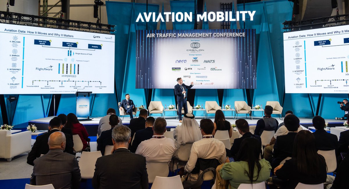 Leveraging Global Surveillance Data for ATFM was the topic for attendees at the Dubai Airshow, today, presented by Brett Fujisaki, (seated) VP Sales and Business Dev Metron Aviation and Toby Tucker, EMEA Sales Director FlightAware. #ATFM #flightaware