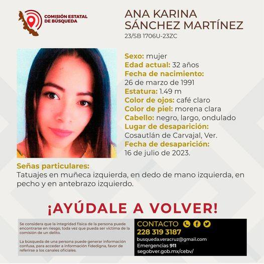 Solicitamos su apoyo para localizar a Ana Karina Sánchez Martínez 32 años vista 16/07/23 en #CosautlándeCarbajal #Veracruz RT <a href="/GobiernoVer/">Gobierno de Veracruz</a> <a href="/televertv/">Televisa Veracruz</a> <a href="/AztecaVeracruz/">TV Azteca Veracruz</a> <a href="/SP_Veracruz/">SSP Veracruz</a> <a href="/FGE_Veracruz/">FGE Veracruz</a> @c4_ver <a href="/TVMASVeracruz/">TVMÁS RTV</a> <a href="/jornadaveracruz/">La Jornada Veracruz</a> <a href="/AyuntamientoVer/">H. Ayuntamiento de Veracruz</a> <a href="/ssptransitover/">Tránsito SSP Veracruz</a> <a href="/PatyOlamendi/">Patricia Olamendi</a>