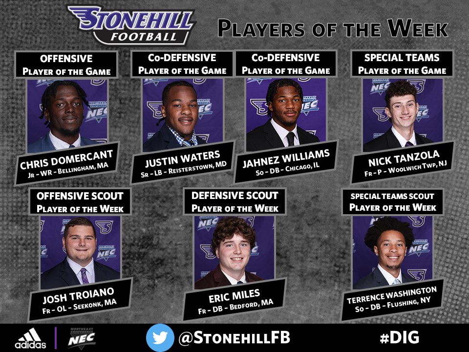 StonehillFB's tweet photo. Congrats to the PLAYERS OF THE GAME following our 33-28 victory of Duquesne this past weekend! #DIG https://t.co/9Z4SKDl7ep