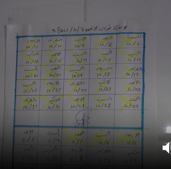 المتحدث العسكري باسم الجيش الإسرائيلي نشر صورة من داخل مستشفى الرنتيسي وقال إن دة جدول فيه أسماء المسلحين اللي كانوا بيحرسوا الرهاين. بعد تحليل استخباراتي عالي المستوى للصورة والجدول، اكتشفنا إن أسماء المسلحين السبعة هي الآتي:

السبت
الأحد
الاثنين
الثلاثاء
الأربعاء
الخميس
الجمعة