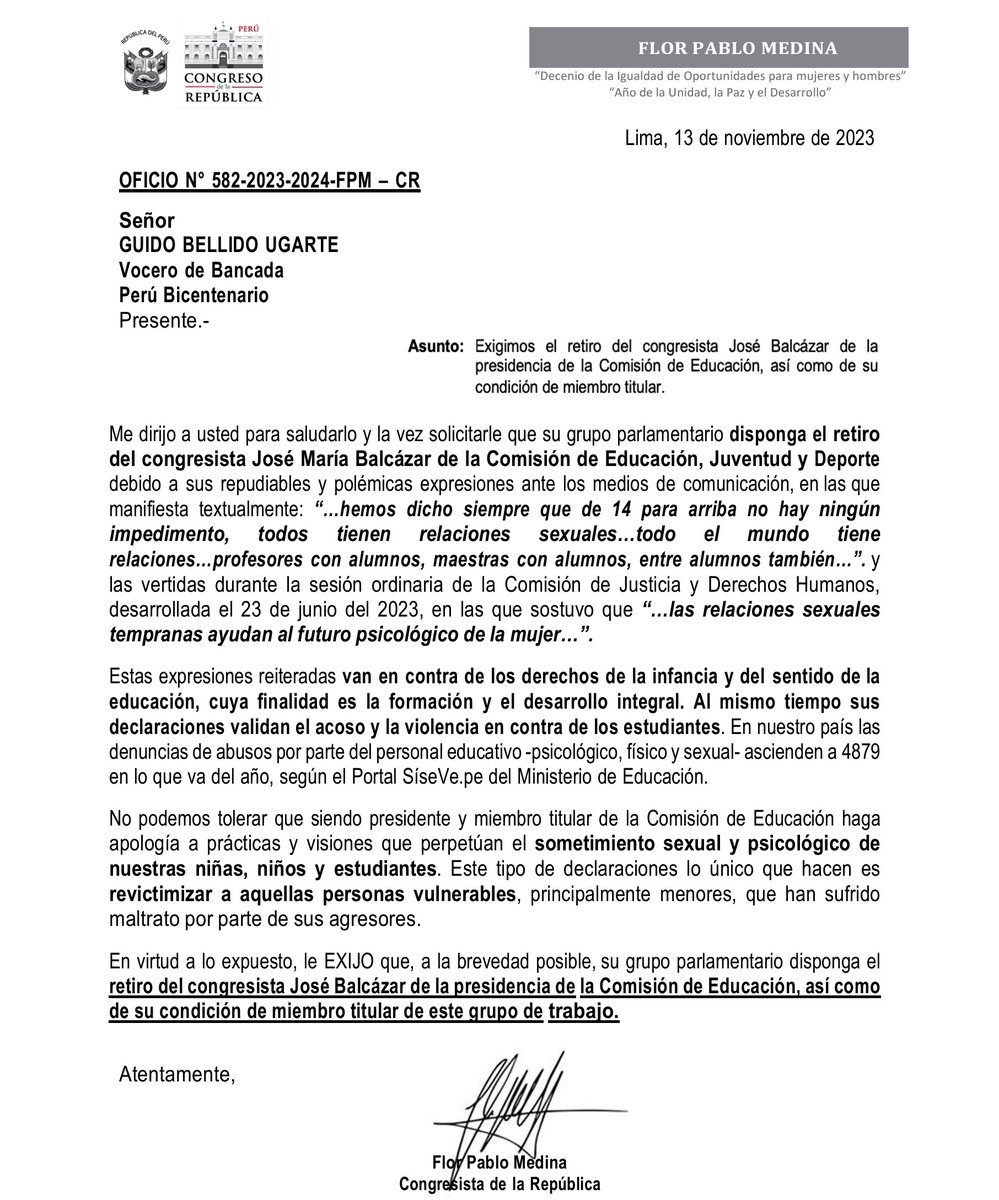Un congresista que NORMALIZA las relaciones sexuales entre profesores y alumnas; y, que afirma que "las relaciones sexuales tempranas ayudan al futuro psicológico de la mujer”, NO PUEDE SER presidente ni miembro de la Comisión de Educación del Congreso. 

Por respeto a nuestra