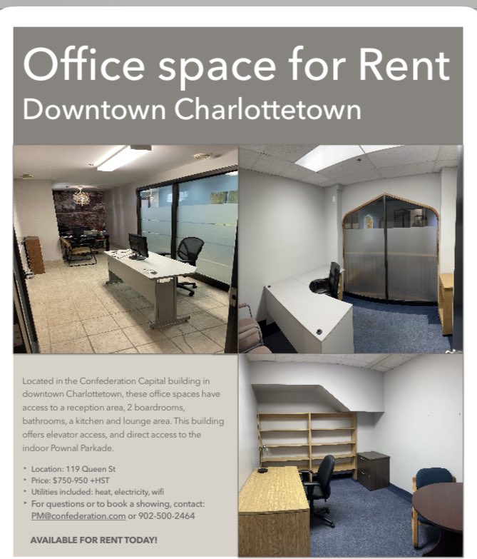 Office spaces for rent:

Spaces from 2,500 sq/ft; 1,500 sq/ft or individual offices. 

#charlottetown or #summerside