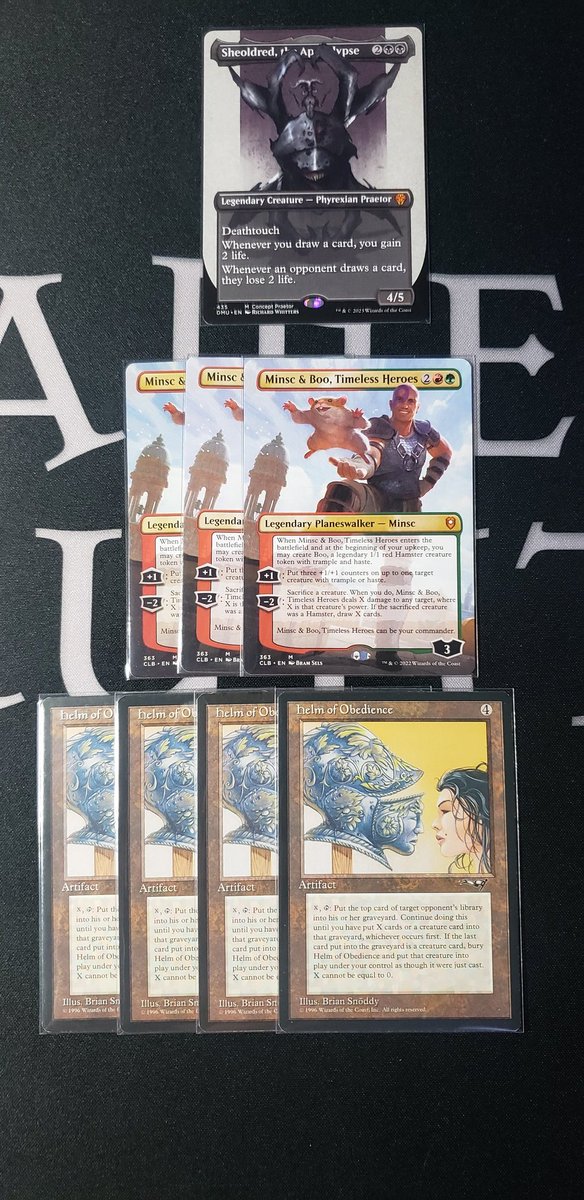 MTGLucksack's tweet photo. Pickups from #SCGPITT. Finished my borderless Shelly playset, got a great B-day gift from @Sanchez5272 in some Minsc & Boos, and got a Helm set for a great price. Always love getting signatures. And I've started a Squirrel Token collection for Comet! 🐶☄🪐 https://t.co/vF8fV3JQkc