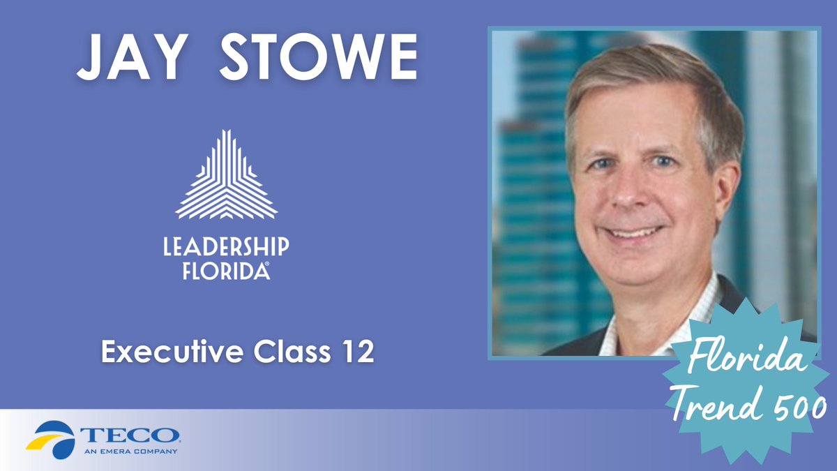 LeadershipFla's tweet photo. Congratulations to Jay Stowe (#ExecutiveClass12, #NortheastRegion) for being selected as one of @FloridaTrend's Top 500 Influentials in Florida in the Energy category. Jay is the managing director/CEO of @newsfromJEA.
Sponsor: @TampaElectric https://t.co/5mxCuPykXD