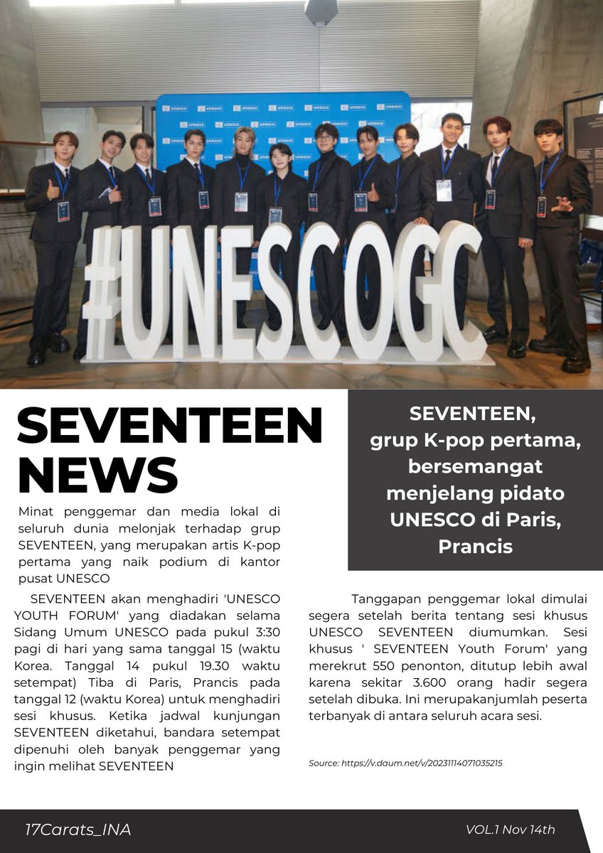 17CARATS_INA's tweet photo. [#ARTICLE] SEVENTEEN, 
grup K-pop pertama, bersemangat menjelang pidato UNESCO di Paris, Prancis. 

SEVENTEEN memberikan pidato dengan topik 'Solidaritas pemuda dan pendidikan akan mengubah masa depan pemuda dan dunia' selain itu sebanyak 5 lagu akan dibawakan yaitu:
1. '_WORLD'
2. 'Darl+ing (ENG ver)
3. Headliner
4. God Of Music'
5. Together (ENG ver)

@pledis_17  #SEVENTEEN #세븐틴