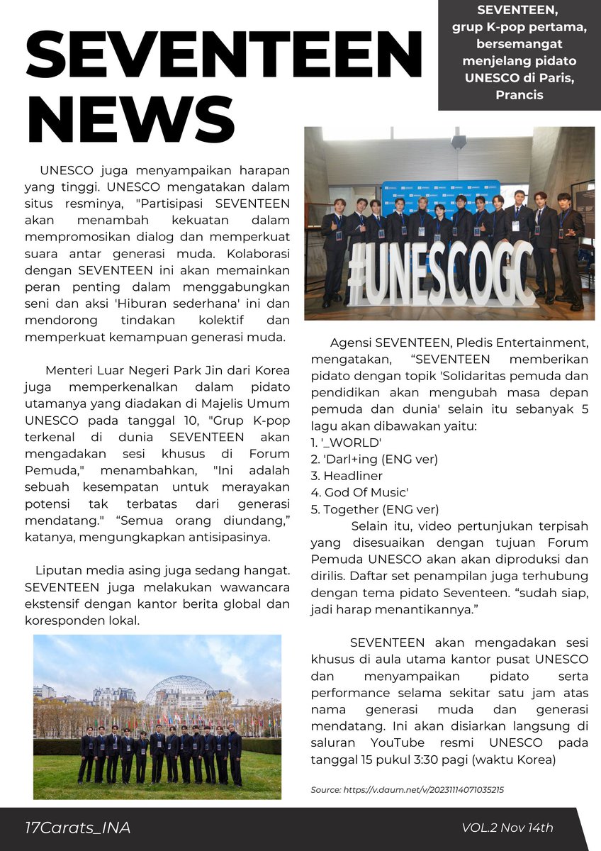 17CARATS_INA's tweet photo. [#ARTICLE] SEVENTEEN, 
grup K-pop pertama, bersemangat menjelang pidato UNESCO di Paris, Prancis. 

SEVENTEEN memberikan pidato dengan topik 'Solidaritas pemuda dan pendidikan akan mengubah masa depan pemuda dan dunia' selain itu sebanyak 5 lagu akan dibawakan yaitu:
1. '_WORLD'
2. 'Darl+ing (ENG ver)
3. Headliner
4. God Of Music'
5. Together (ENG ver)

@pledis_17  #SEVENTEEN #세븐틴