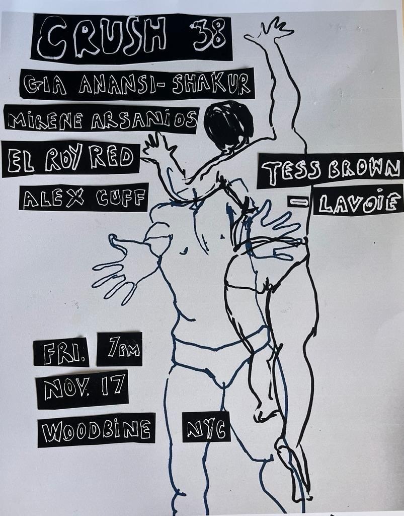 woodbinenyc's tweet photo. Join us on Friday at 7pm for the next Crush reading, this edition a benefit for Students for Justice in Palestine: https://t.co/mUV1Qihp7x

November 17th Readers: @GiaShakur, Mirene Arsanios, El Roy Red, Alex Cuff, and Tess Brown-Lavoie @foreverbanquo 
https://t.co/u1diF1Xnha https://t.co/QUsfV7EAxQ
