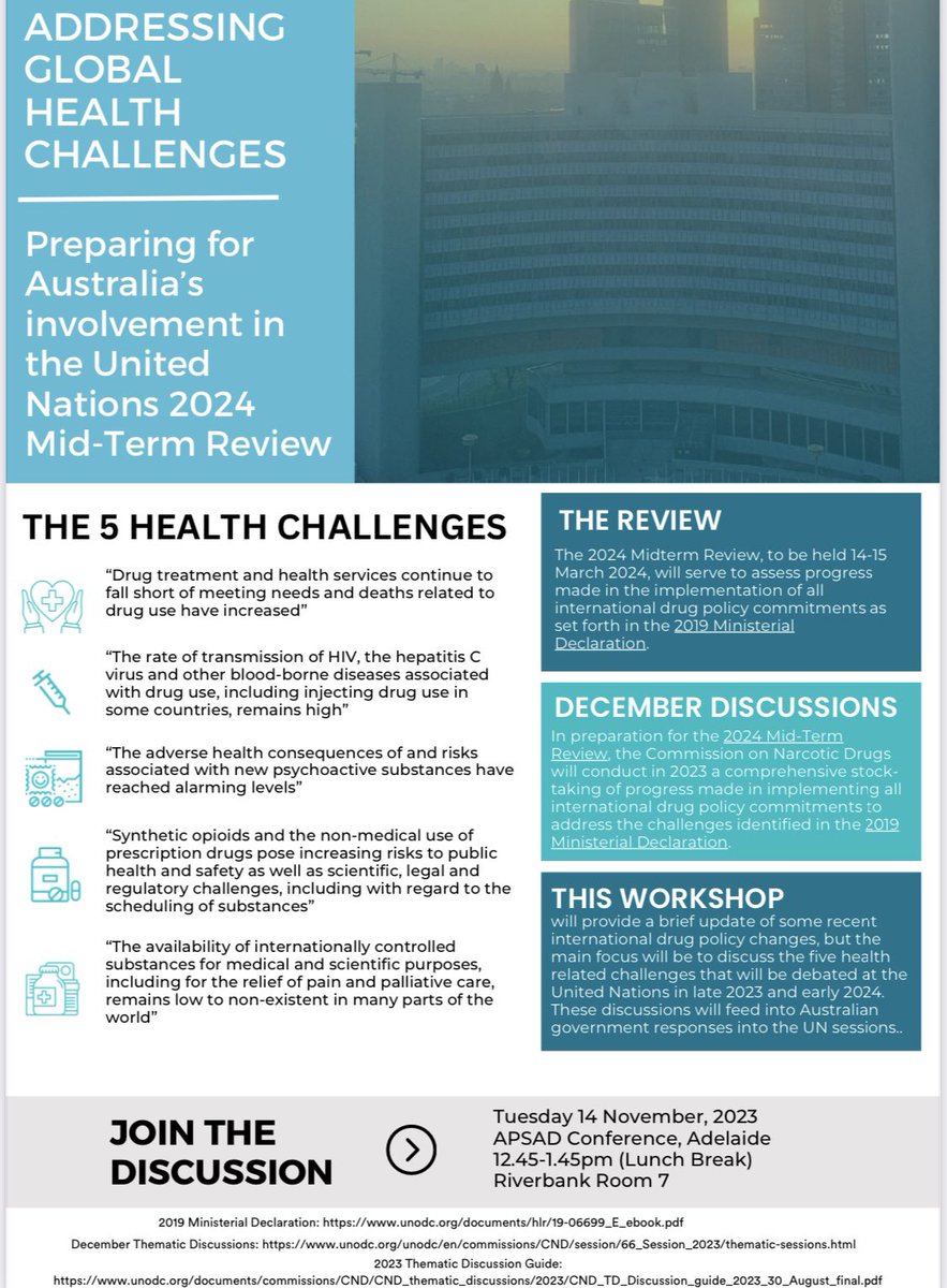 #APSAD23 delegates - join this Australian Government and Civil Society Workshop - Addressing global health challenges related to drugs on Tuesday at 12.45pm @drpennyhill @erinlalor @ScottADAC @CarrieFowlie Nick Kent @ssdp_australia