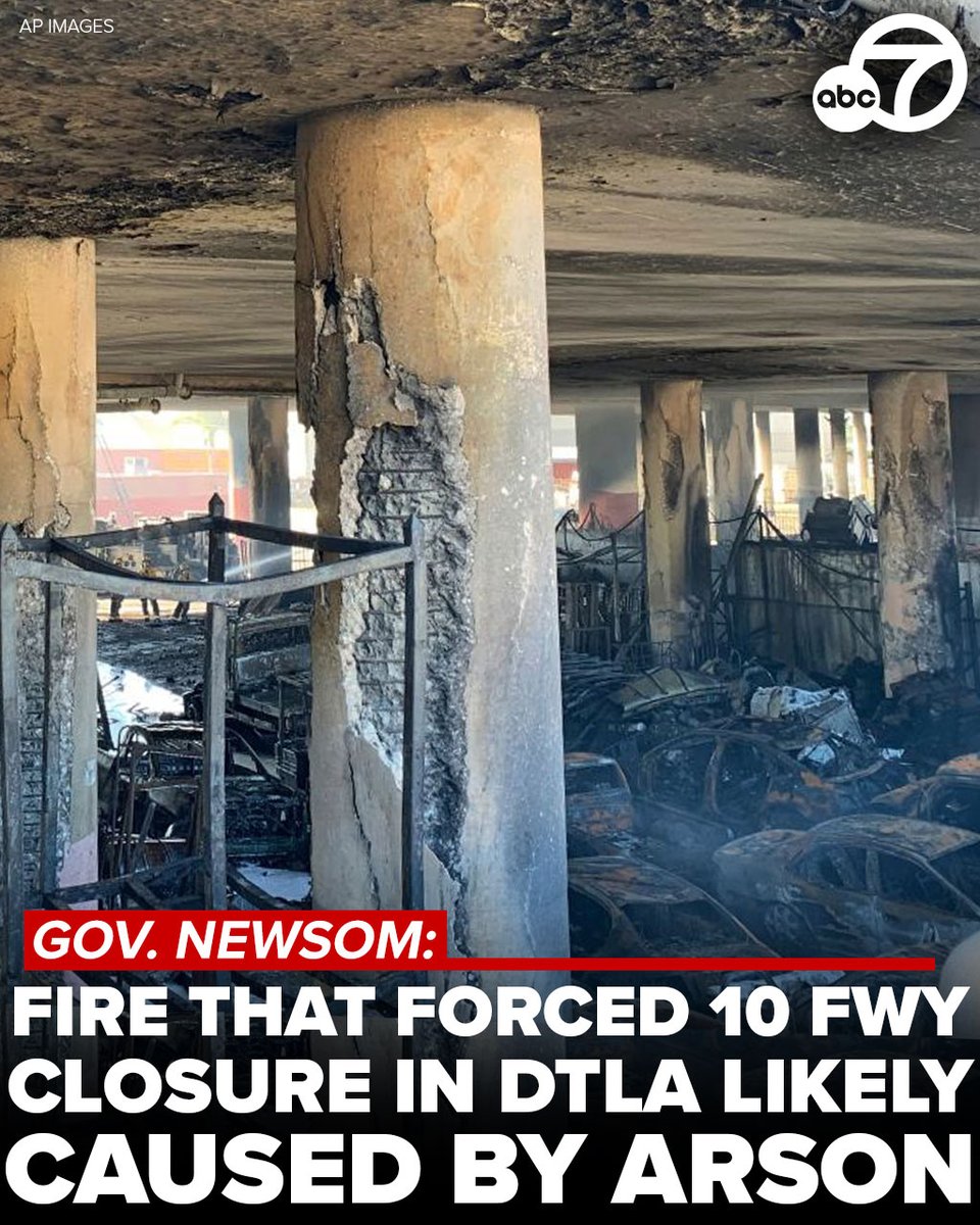ABC7's tweet photo. #BREAKING: The raging fire that shut down the 10 Freeway in downtown Los Angeles was likely caused by arson, Gov. Gavin Newsom announced Monday. https://t.co/uvfVp1Cd7M https://t.co/C4qjWBpdEn