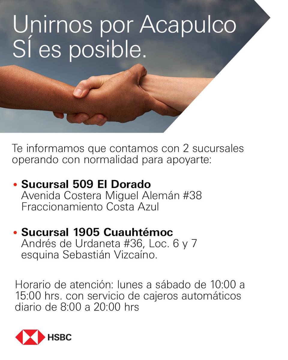 Apoyamos a nuestros clientes de Acapulco de Juárez, Guerrero, afectados por el Huracán Otis.

Para conocer más apoyos da clic aquí: grp.hsbc/6189ul3zX