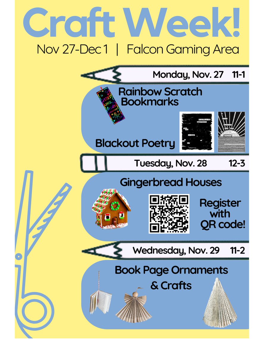 fairmont_lib's tweet photo. Craft Week is coming up - November 27-Dec 1!  Rainbow scratch bookmarks, blackout poetry, gingerbread houses, ornaments, and more!  Come de-stress in the library!  Also, you know the last two weeks of the semester we're hooking y'all up with free coffee, cocoa, and snacks! https://t.co/ygpPlHCyPW