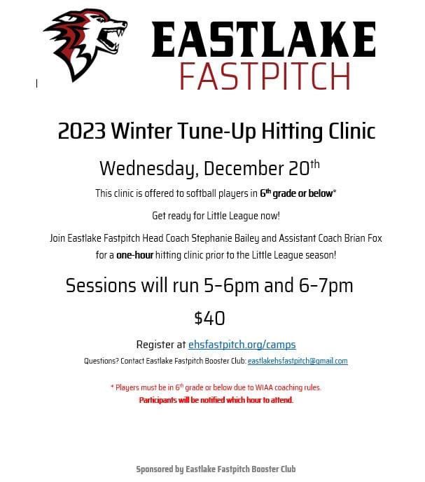 EastlakeFP's tweet photo. Calling all little leaguers (6th grade and younger)*

Winter Hitting Clinic - December 20th, 5-6pm or 6-7pm
Only 28 spots available! 

All info and registration can be found at https://t.co/9sQevw2N1k

*Participants must be 6th grade and below due to WIAA coaching rules. https://t.co/OtYMeUKh75