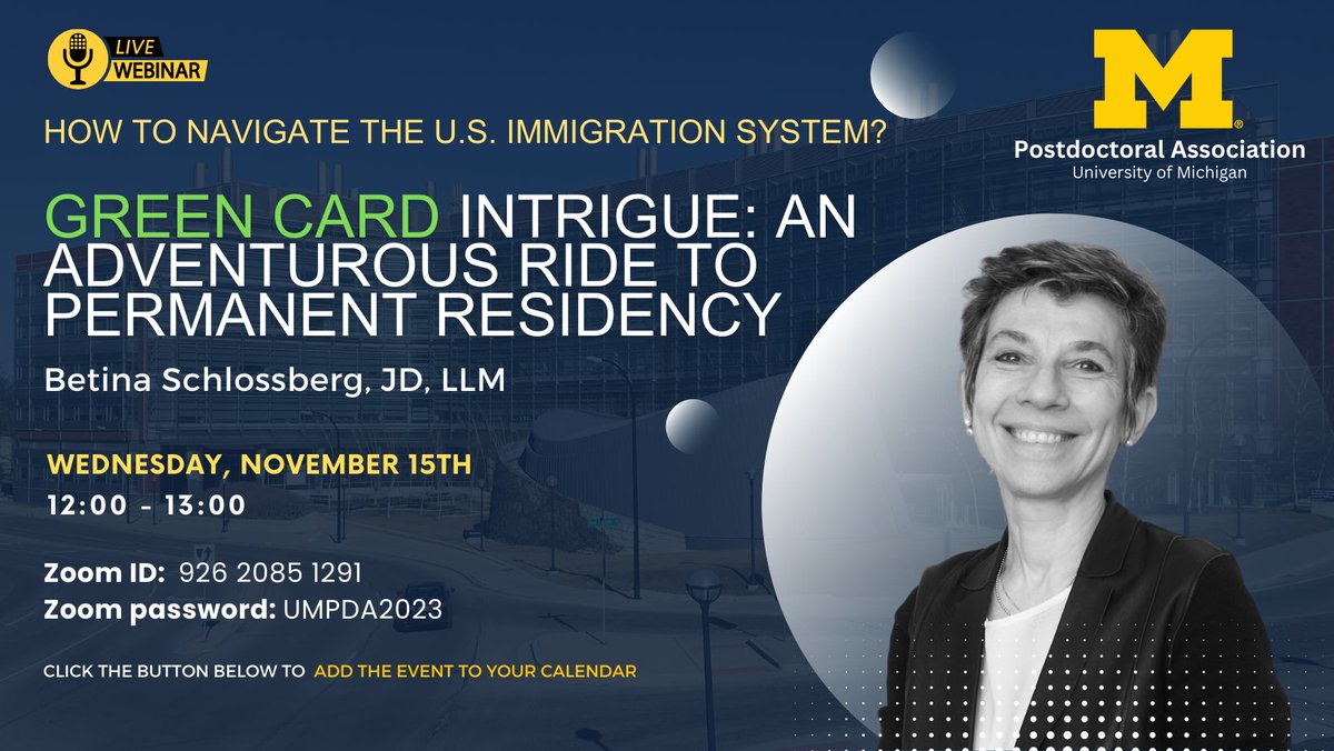 📢Navigating the U.S. Immigration System Part 2!

Green Card Intrigue: An Adventurous Ride to Permanent Residency
📅 Nov 15
⏰12:00-1:00 PM

Link: umich.zoom.us/j/92620851291
Password: UMPDA2023

RSVP 👇
docs.google.com/forms/d/e/1FAI… 

Questions❓ Contact Alix Rouault: arouault@umich.edu