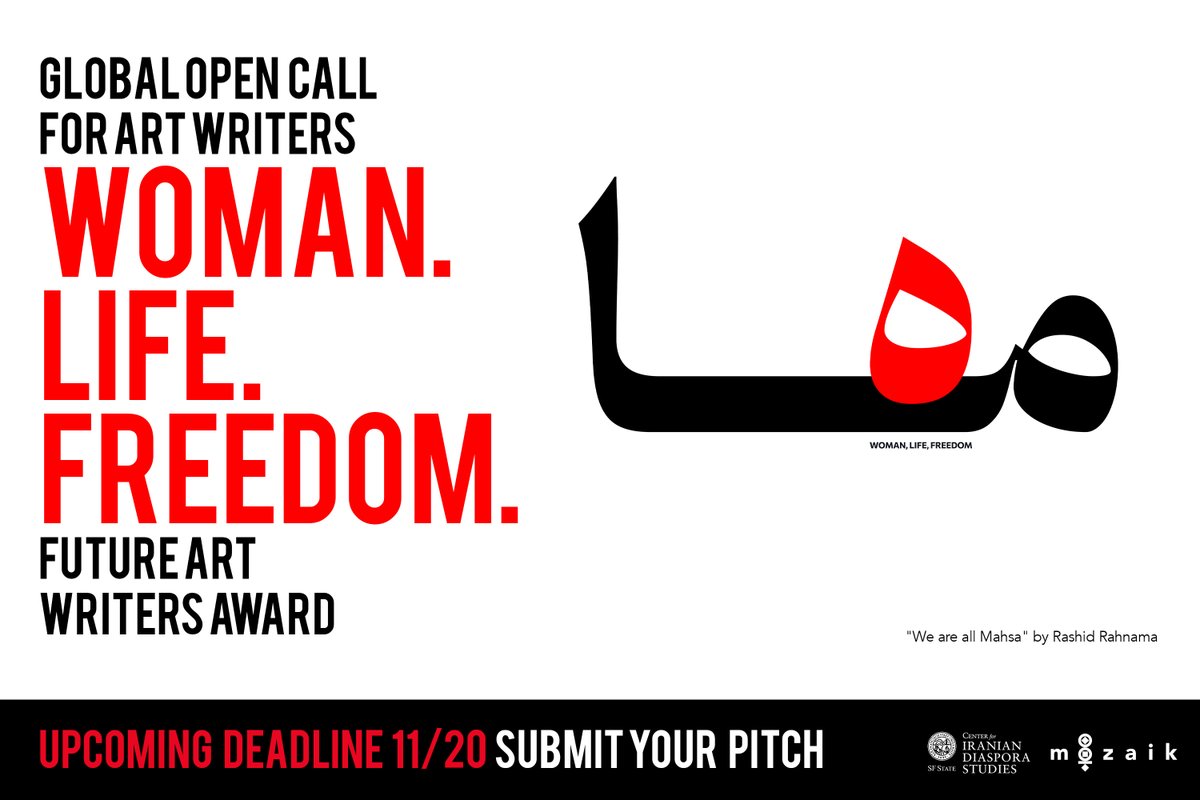 🔴ART WRITER GRANTS - #WomanLifeFreedom theme. Now accepting pitches for the 2023 Future Art Writers Award. 

✔️All  #artwriters welcome (US + International)
✔️$1,000 writing grants
✔️Peer-review/publication
⚫Deadline 11/20/23 
⚫SUBMIT YOUR PITCH: mozaikphilanthropy.org/wlf-writers-aw……