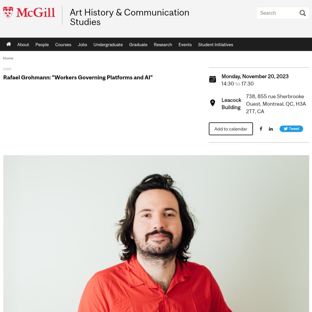 Rafael Grohmann (@grohmann_rafael) on Twitter photo Next Monday in Montreal I'll talk at McGill about workers governing platforms and AI, especially focusing on Homeless Worker Movement in Brazil and Writers strikes in the US. At McGill, invited by <a href="/guzferreira/">Gustavo Ferreira</a>
mcgill.ca/ahcs/channels/… Next Monday in Montreal I'll talk at McGill about workers governing platforms and AI, especially focusing on Homeless Worker Movement in Brazil and Writers strikes in the US. At McGill, invited by <a href="/guzferreira/">Gustavo Ferreira</a>
mcgill.ca/ahcs/channels/…