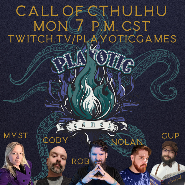 Come watch some fat sucking vampires in Call of Cthulhu tonight!!! Some awesome people from <a href="/MistyMtnGaming/">MMG</a> 's <a href="/thedndwannabe/">Rob Franklin</a>, author <a href="/LordVoltrex/">Cody Schroeder</a>  and familiar Playotic crew Nolan, <a href="/Babymyst/">B.B.</a> and <a href="/redbeansanddice/">Gup</a> 

#ttrpg #callofcthulhu #rp #twitch
