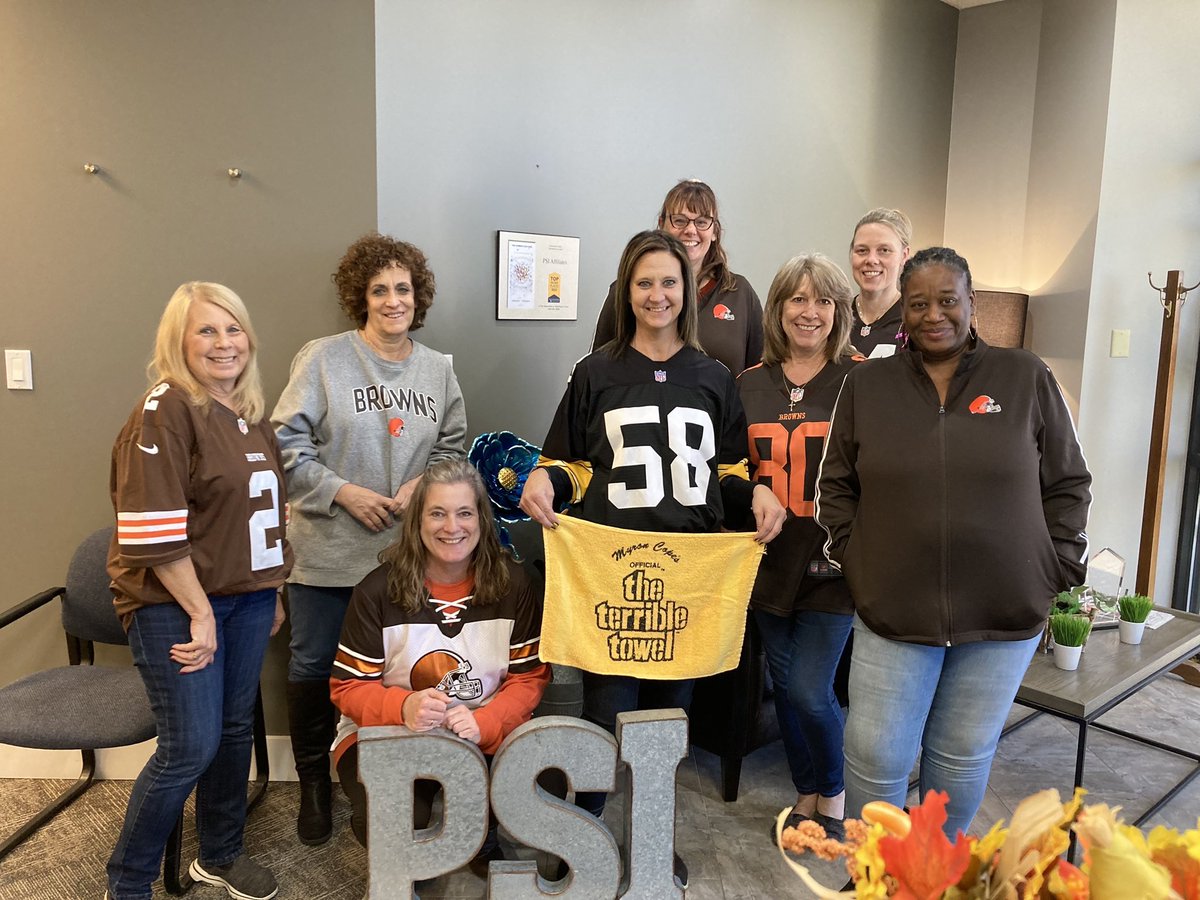 psisolutions's tweet photo. It’s the beginning of Spirit Week here at PSI! 🙌

Wearing our @Browns jerseys in anticipation of this week’s game. One of these things is not like the others… but we love her anyway! 😜🐶

#SpiritWeek | #TeamPSI https://t.co/2JiFqHP9sS
