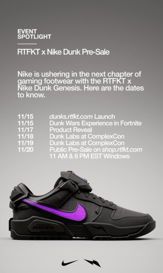 snkr_twitr's tweet photo. This Week in SNKRS 11/13 - 11/18 
@RTFKT x Nike Dunk Pre-Sale 11/20 on https://t.co/8l8VKwsRA5 https://t.co/rUTKJzVk38