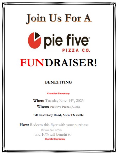 Dawn Horton (@counselorhorton) on Twitter photo Hey Cheetahs & Friends! 🐾 Please consider eating at the Allen Pie Five Pizza on Tuesday 11/14, 4-9pm! Chandler Student Council is working to raise $10K for our Kids Against Hunger service project! Show this image to the cashier to help us! <a href="/cheetahchandler/">Chandler Cheetahs</a> <a href="/ChandlerPrin/">Bobbie Allen</a> Hey Cheetahs & Friends! 🐾 Please consider eating at the Allen Pie Five Pizza on Tuesday 11/14, 4-9pm! Chandler Student Council is working to raise $10K for our Kids Against Hunger service project! Show this image to the cashier to help us! <a href="/cheetahchandler/">Chandler Cheetahs</a> <a href="/ChandlerPrin/">Bobbie Allen</a>