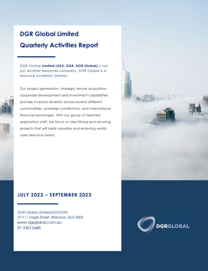 DGR Global (@dgrglobal) on Twitter photo The Board of Directors of <a href="/DGRGlobal/">DGR Global</a> Limited (ASX: DGR, the company) are pleased to provide a Quarterly Activities/Appendix 5B Cash Flow Report for the period July 2023 - Sep 2023.
Read the full announcement here,
dgrglobal.com.au/asx-announceme…
#dgr #dgrglobal #Mining #resources The Board of Directors of <a href="/DGRGlobal/">DGR Global</a> Limited (ASX: DGR, the company) are pleased to provide a Quarterly Activities/Appendix 5B Cash Flow Report for the period July 2023 - Sep 2023.
Read the full announcement here,
dgrglobal.com.au/asx-announceme…
#dgr #dgrglobal #Mining #resources