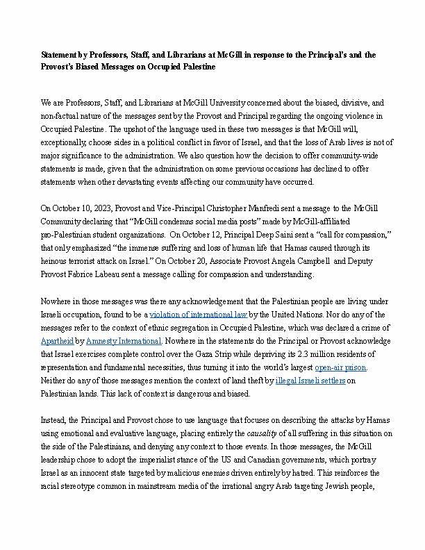 McgillSphr's tweet photo. Professors, Staff, and Librarians in solidarity with Palestine publish a new letter condemning McGill administration’s biased emails. #FreePalestine https://t.co/mhMZBrVFZP