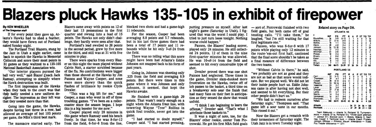 77Blazers's tweet photo. Nov 13 1985 - #JimPaxson scored 12 pts & #WayneCooper added 10 in opening qtr & #ClydeDrexler adding 13 in 2nd qtr as @trailblazers defeat @ATLHawks.
#RipCity #DrexlerRookieYear https://t.co/TE9a2qa2Zw