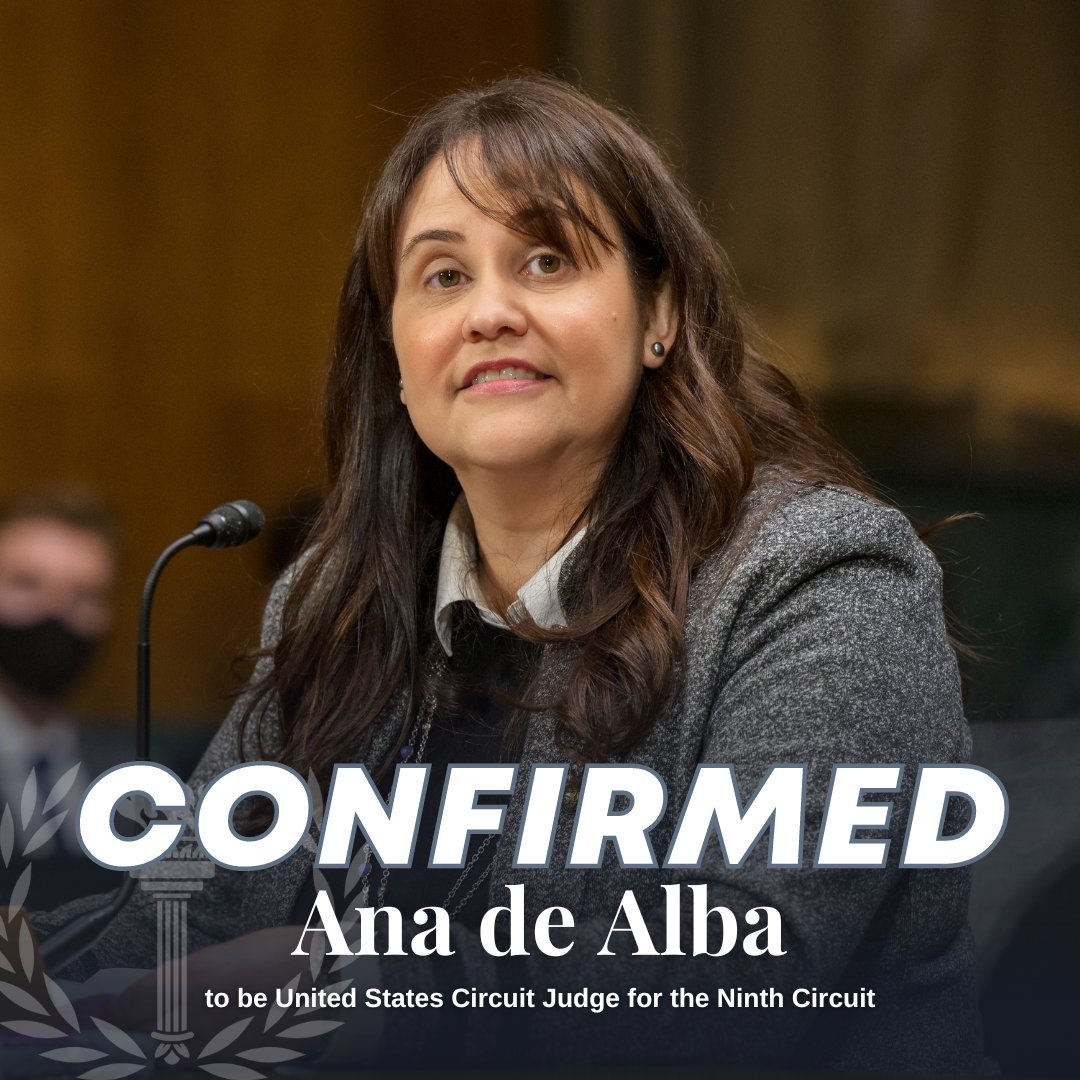 JudiciaryDems's tweet photo. CONFIRMED: Ana de Alba to the Ninth Circuit

Judge de Alba’s federal and state judicial experience coupled with her litigation background have prepared her to join the appellate bench.

She’s ready to serve. https://t.co/fGETeH0KpM