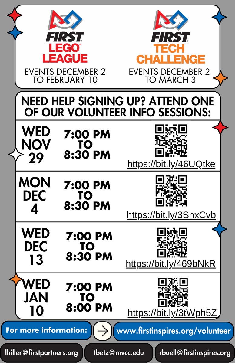It's <a href="/firstlegoleague/">FIRST LEGO League</a> and <a href="/FTCTeams/">FIRST Tech Challenge</a> Season for the Finger Lakes and Excelsior Regions in Western New York! You have SO MANY choices to volunteer! If you have questions feel free to contact me directly or attend one of my Volunteer Info Sessions! Get your volunteer on! #omgrobots