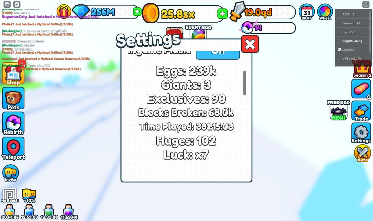 EugamusOrig2's tweet photo. Yes!!! I hatched my 3rd Giant Pet while I'm AFK grinding at #LuckyBlocksLegends... I will try to get to Leaderboards soon. Got hatch of 1 Huge Pet too while taking screenshots. :-)
#EugamusOrig #F2P #Roblox #CTRLGames #LuckyOGAccount https://t.co/byuyOPcg6j