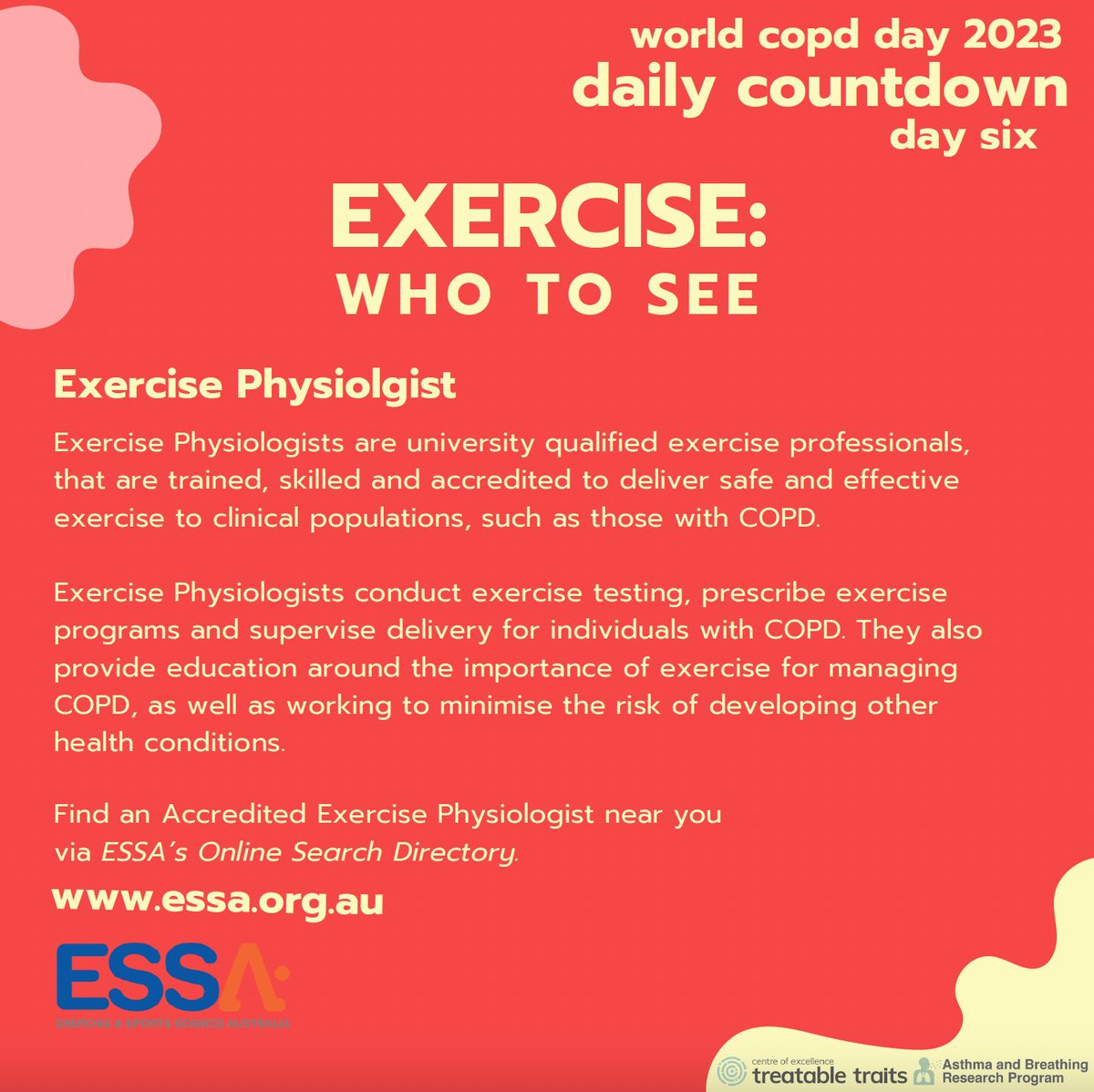 HLewthwaite's tweet photo. #WorldCOPDDay is tomorrow Nov 15! Join #BigBatonPass from 8am AEDT. There will be clinician talks, pulmonary rehab tours, exercise classes to join👉 https://t.co/FDTXTzIb8R
Other exercises resources
@ESSA_NEWS👉 https://t.co/lIXSO566Gi
@Lungfoundation👉 https://t.co/StyeGqXAS8 https://t.co/yMI8QL4fCe