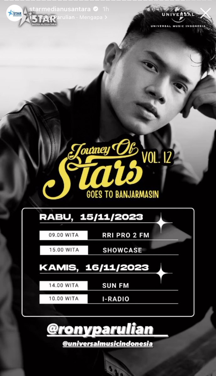 14 idolyfe jakarta
15 journey of stars 12 + visit radio banjarmasin
16 visit radio banjarmasin
17 amazing kids favorite award GTV jakarta
18 HUT MNC Group ke 34 jakarta
19 pertamina smexpo pekanbaru

full sampe minggu ya ron, jaga kesehatan ya ron 💙