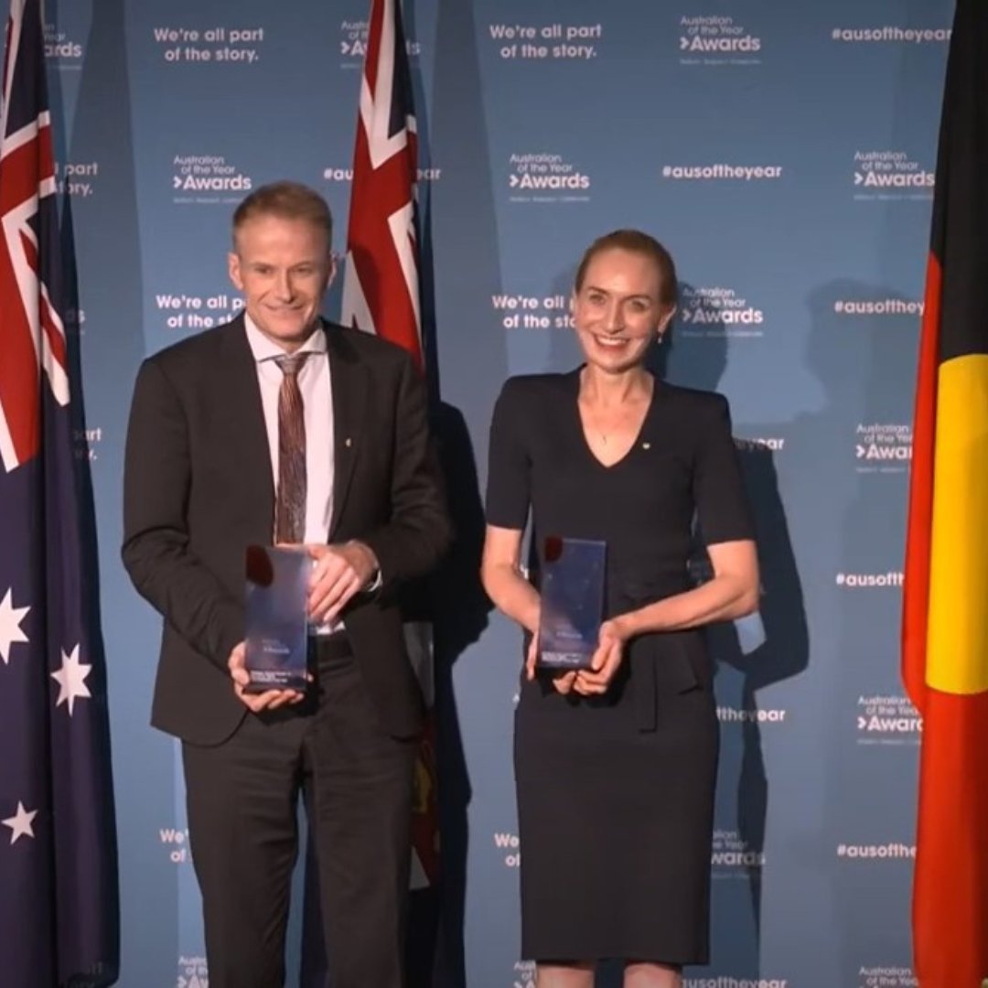 Honoured & humbled to stand with friend/colleague @ProfRScolyerMIA to receive NSW @ausoftheyear. A tribute to our work with team @MelanomaAus on melanoma & brain cancer, impacting other cancers. Thank you to colleagues, patients, families, friends & to Australia for support.