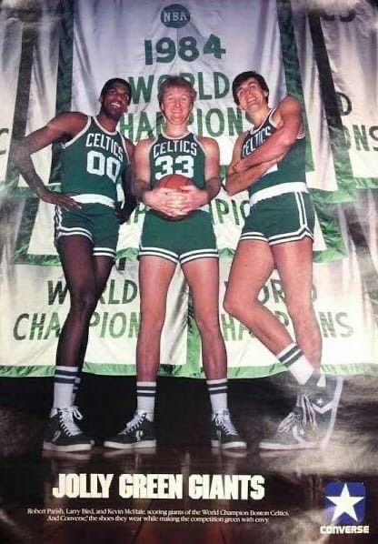 Converse sneaker ad featuring Robert Parish, Larry Bird and Kevin McHale of the 1984 Boston Celtics World Championship team. #Converse #sneakers #BostonCeltics #Boston #Celtics #RobertParish #LarryBird #KevinMcHale #basketball