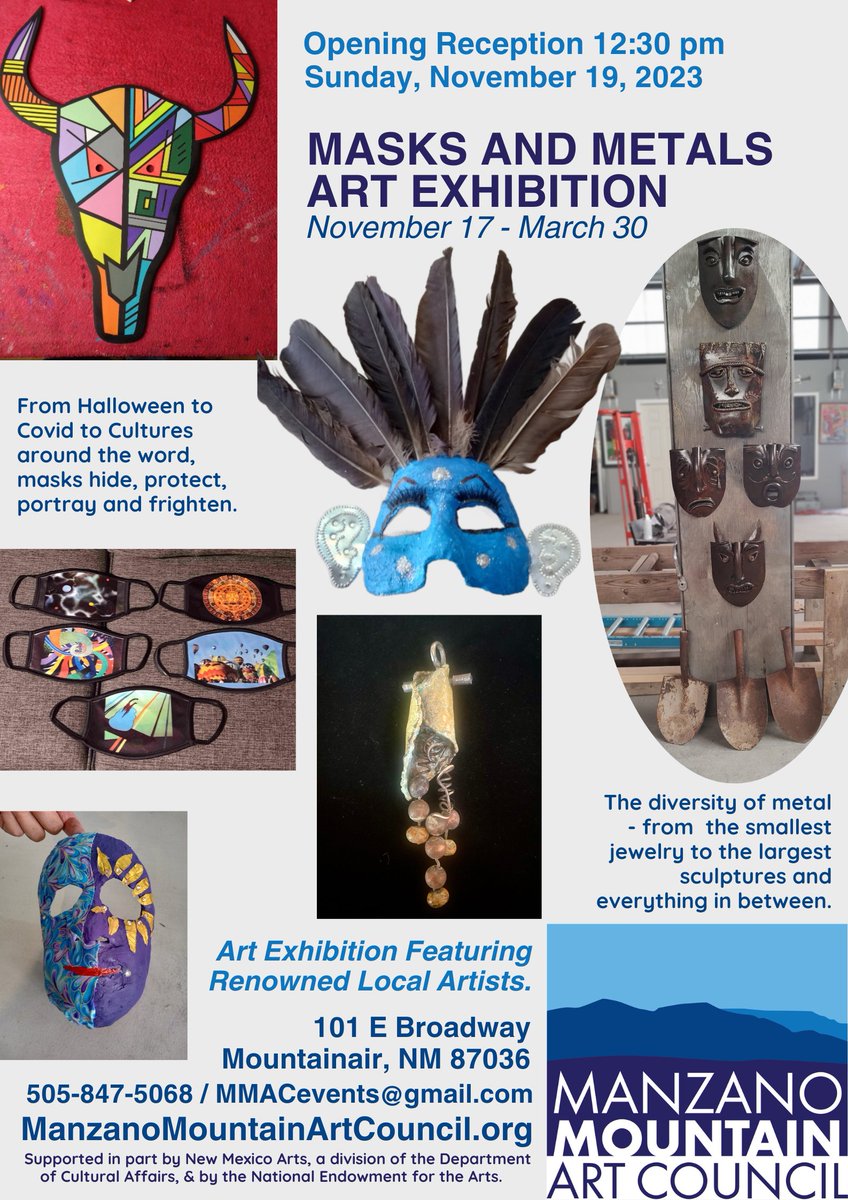 mmac_arts's tweet photo. EXHIBIT OPENING RECEPTION: Sun 11/19/23 @ 12:30p
"MASKS & METAL"
2pm: November Music Series
Kathleen Ryan
#MMAC
#MasksAndMetal
#ExhibitOpening
#Art
#VisitMountainair
#NovemberMusicSeries
#LiveMusic
#KATHLEENRYAN https://t.co/yt2zq9elBQ