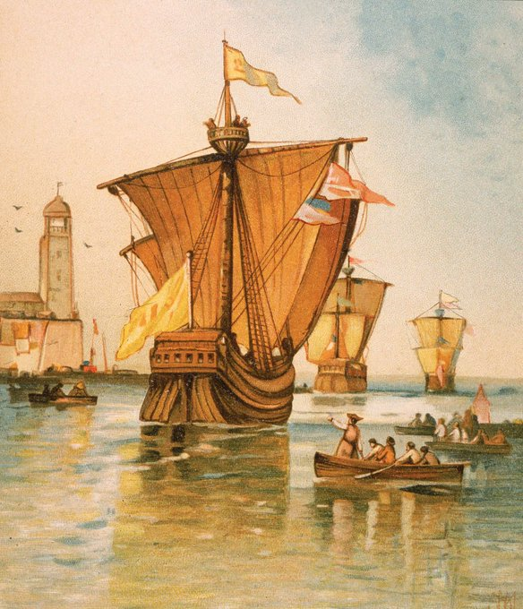 BigAmericaMan's tweet photo. En 1492, j'ai aller en Amérique grâce au roi et à la reine d'Espagne qui me paient pour explorer une nouvelle route vers l'Asie. Je suis tellement excitée, mais je veux pas être le premier TITANIC.  #bateau #voyage #exiter #nerveux https://t.co/oG73qlYsIi