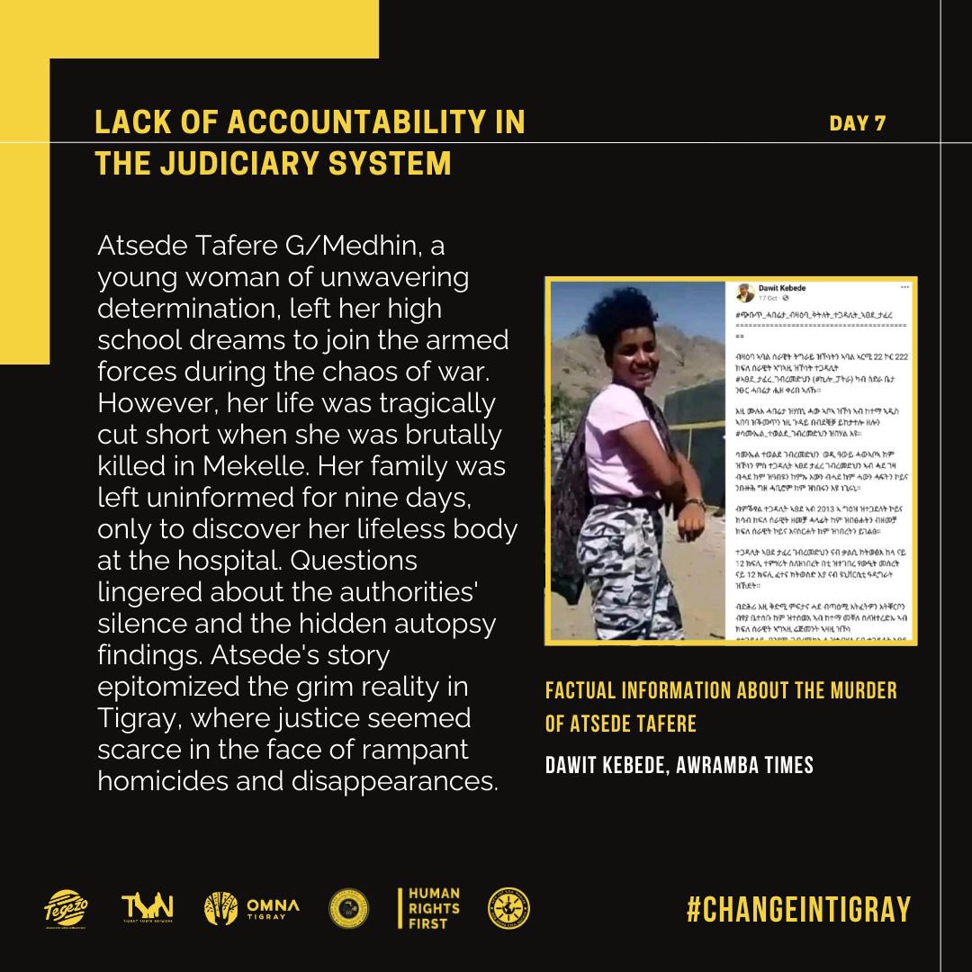 OmnaTigray's tweet photo. Without accountability in the judiciary system, human rights abuses will continue, leaving unrest and distrust in the community it serves. #ChangeInTigray
#JusticeForAtsede https://t.co/JQ3aXWXPl7