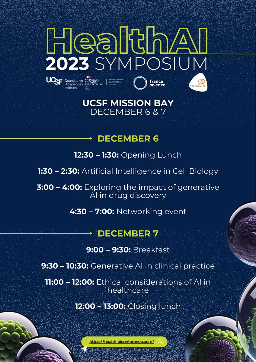 The '#HealthAI Symposium' at @UCSF on Dec 6-7, co-hosted by @franceintheus, is nearing! Join to hear from industry leaders, academics & government officials from the US & France on AI applications in health sciences! Register & check out the line up here! qbi.ucsf.edu/francoamerican…