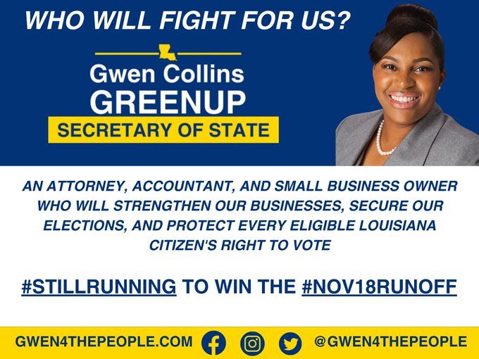 #VoteBLUE #wtpBLUE WE THE People wtp2154   Louisiana, if you want a candidate who will fight for safe and secure elections, and someone who will protect your voting rights, you need to vote for Gwen Collins-Greenup for Secretary of State   Gwen truly is a candidate for the…